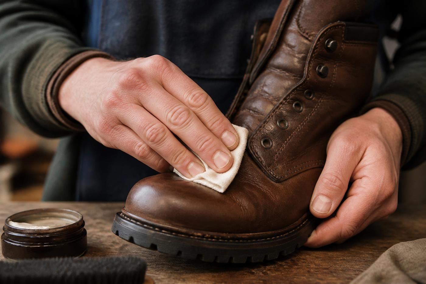 Hands applying leather conditioner to a brown hiking boot with a cloth