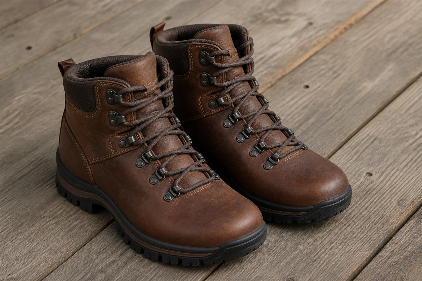 Pair of generic brown leather hiking boots without visible brand markings